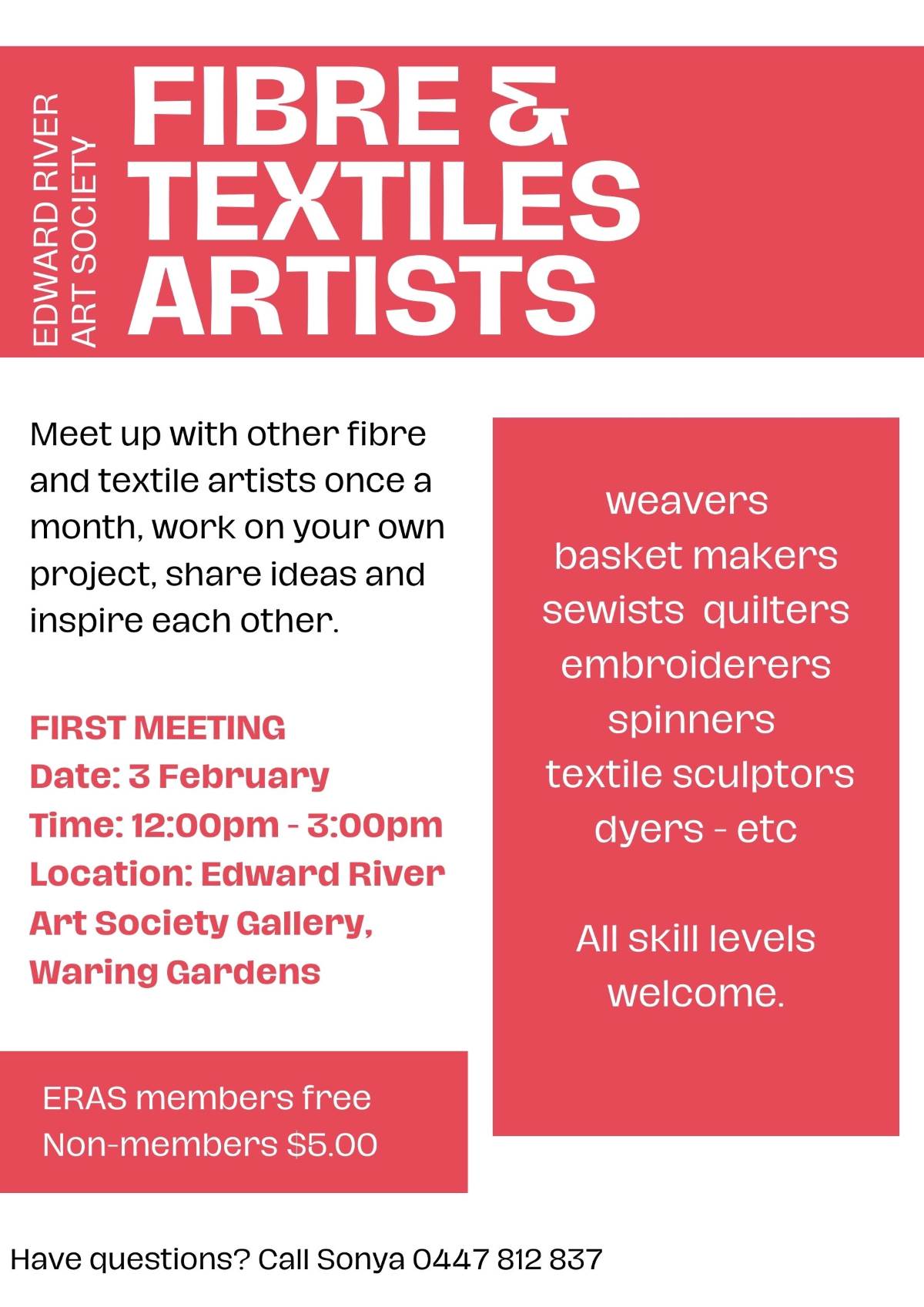 A new group for fibre and textile artists and crafts people to meet once a month, work on their projects, share ideas and inspire each other...jpg